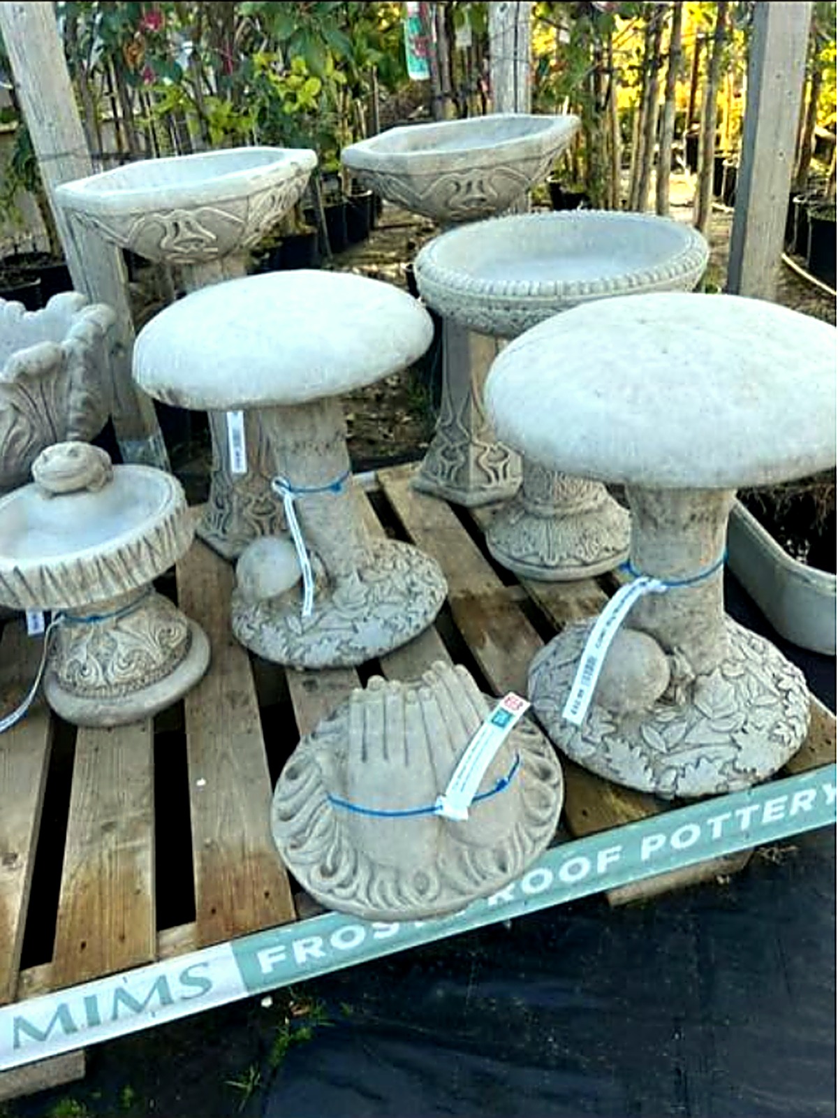 Stone bird baths and mushroom stools in frost-proof reconstituted stone