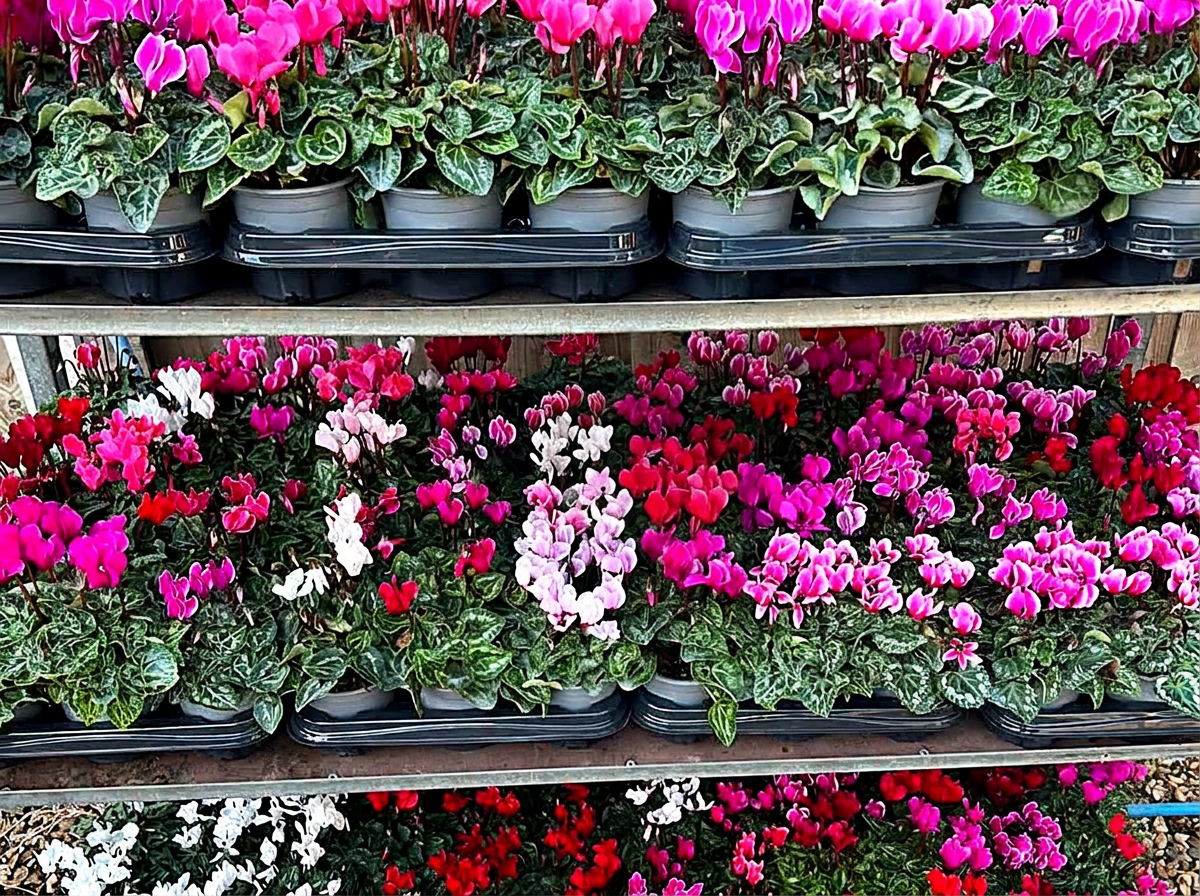 Pink, white and red cyclamen in flower on the plant benches